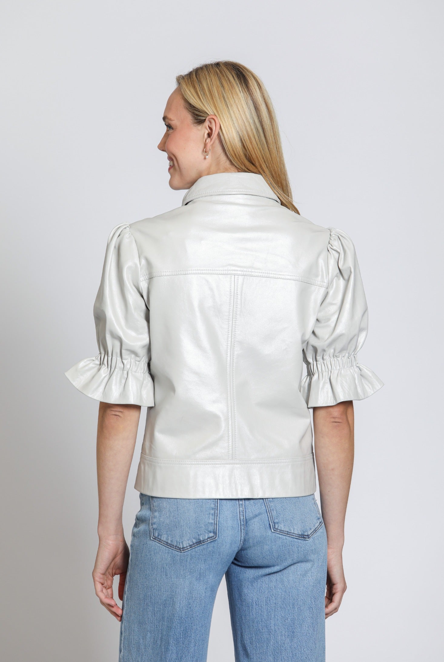 Zip Front Jacket with Flounce Sleeve Jilli Boutique Uptown 11 Bone Metallic