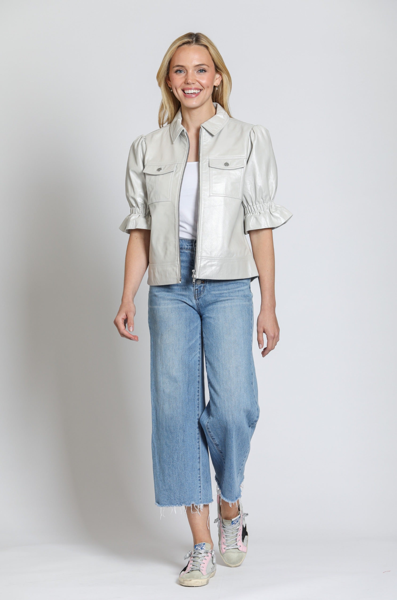 Leather Jacket  Flounce Sleeve Jilli Boutique Uptown 11 Bone Metallic