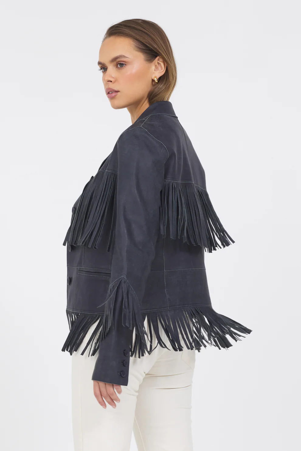 Annie Distressed Leather Fringed Jackett Jacket Jilli Boutique Indigo