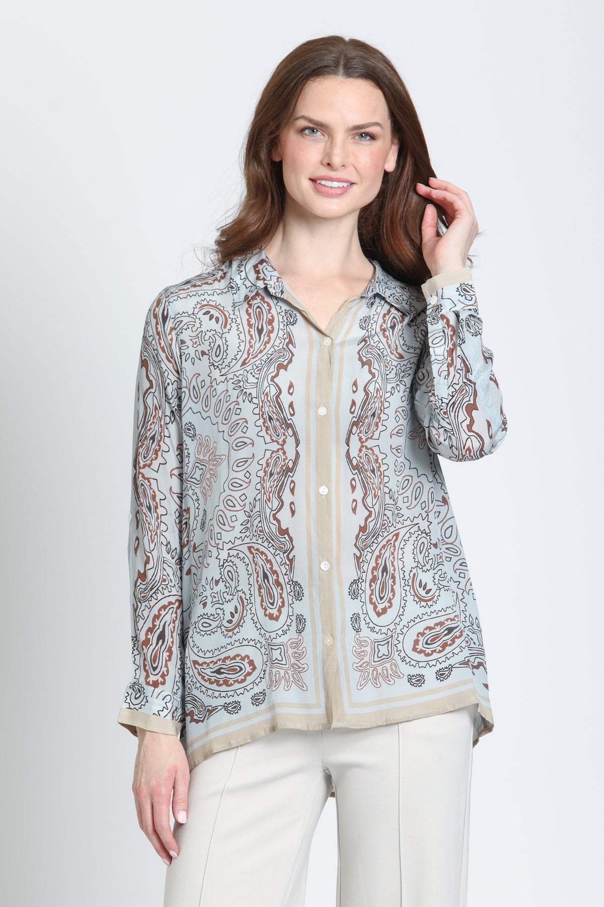 APNY Button-up w/Roll-up Sleeve Sky Blue Walnut Jilli Boutique Blouse