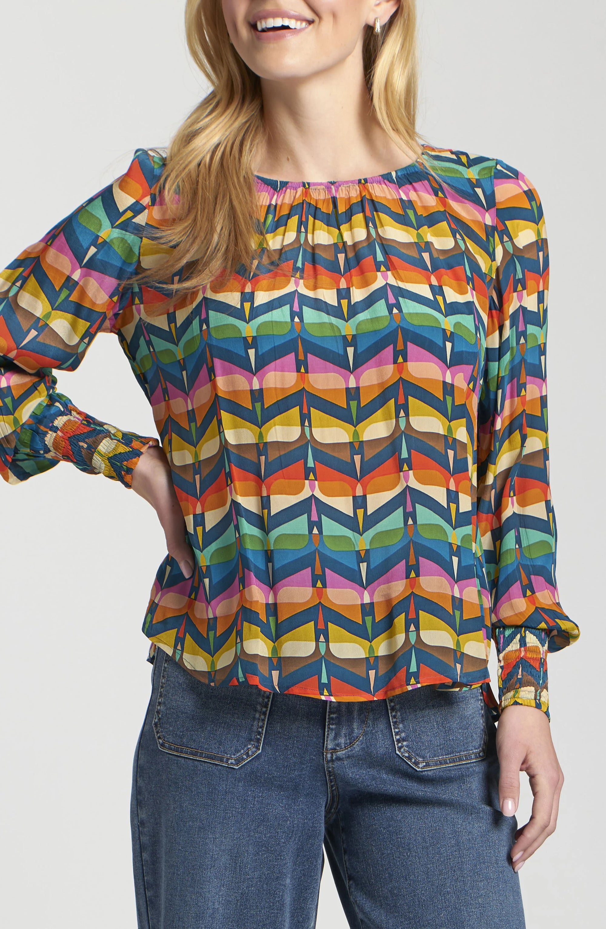 APNY Long Sleeve Printed Smocked Cuff Top