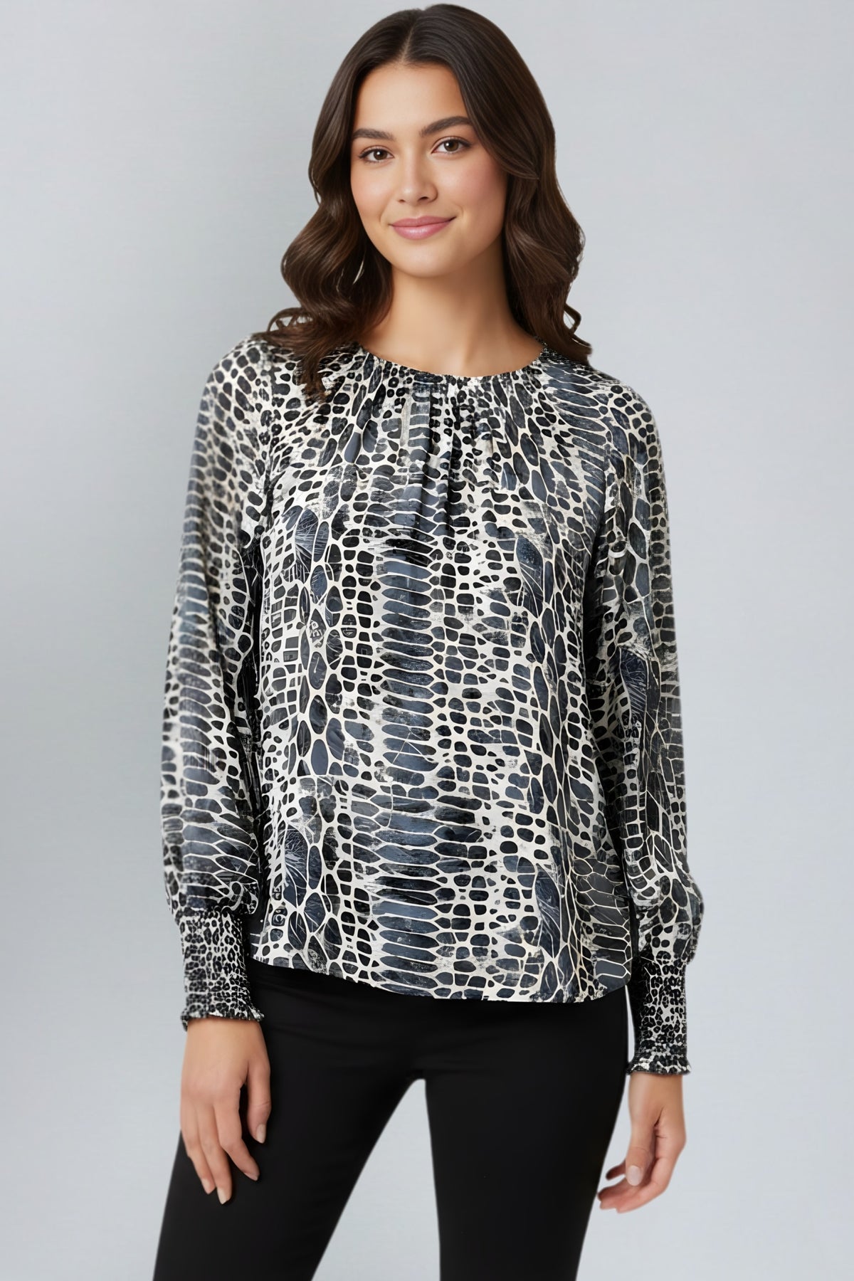 Slate and Alabaster Pullover Blouse with Smocked Cuff Jilli Boutique APNY