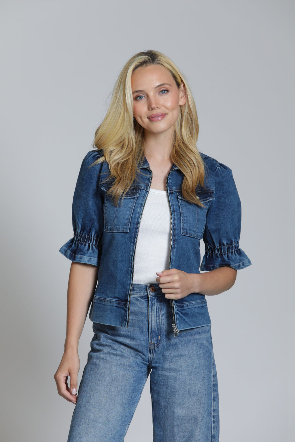 Zip Front Jacket W/Flounce Sleeve APNY Jilli Boutique denim jacket