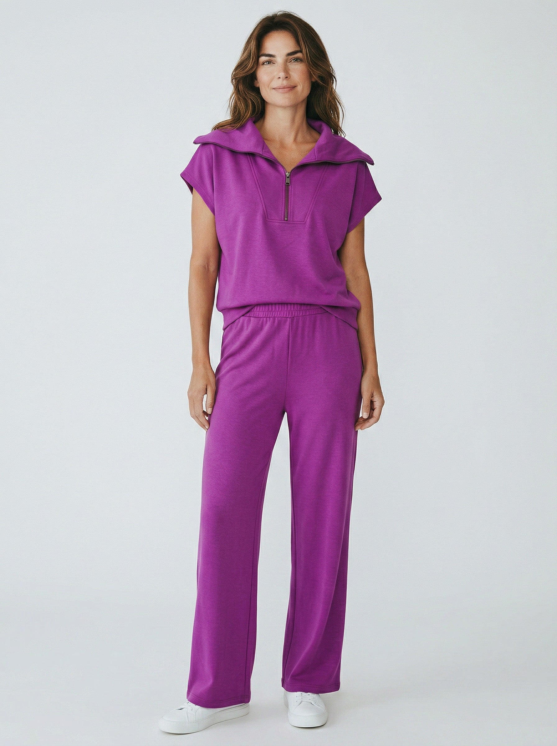 Ariella Scuba Top & Straight Pants Set Magenta