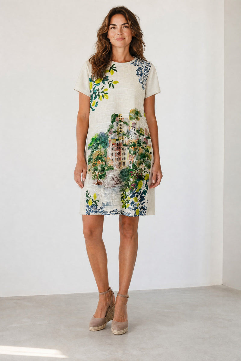 Woman wearing the Crew Neck Tee Dress Ondora by Johnny Was Jilli Boutique