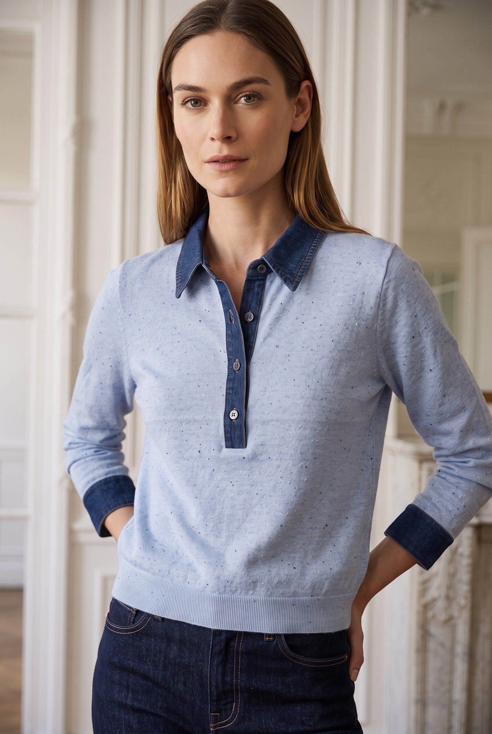 Denim Collar Polo in Blue