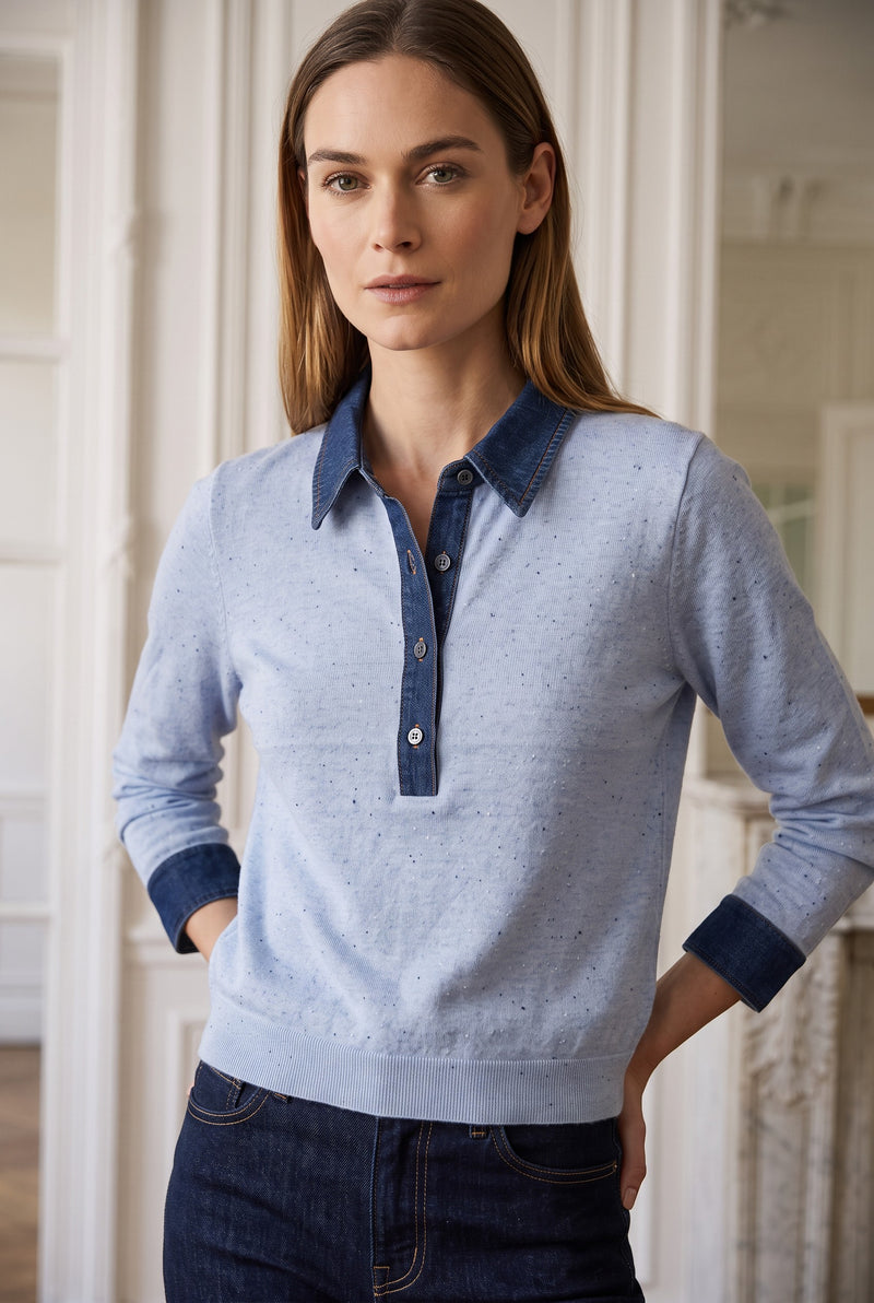 Denim Collar Polo in Blue