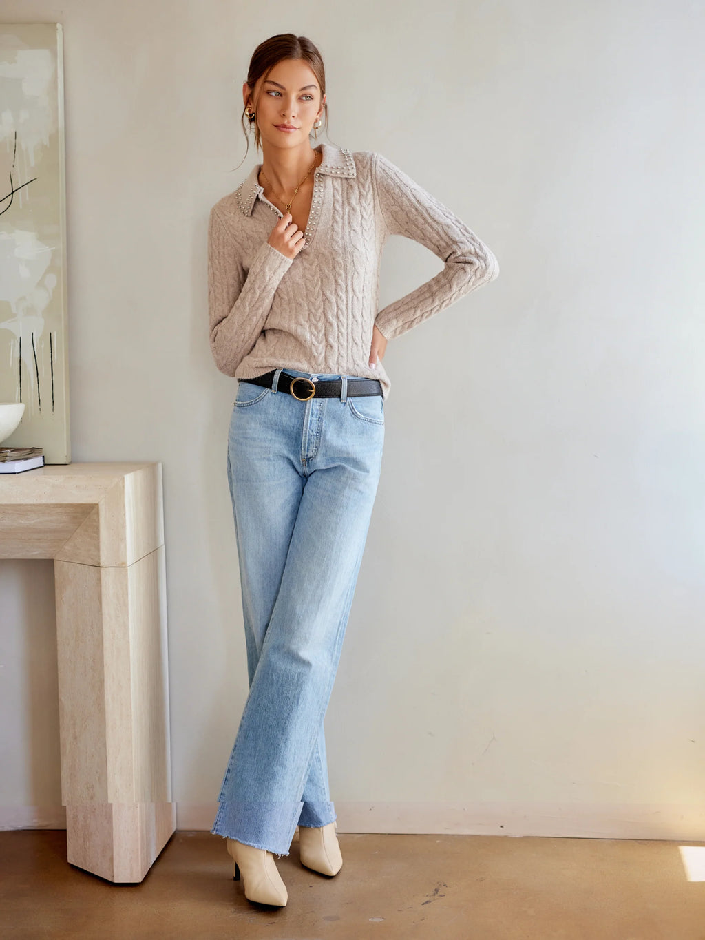  Estelle Cable Knit Sweater in Wheat 4F89022 Jilli Boutique Fifteen Twenty Chastain Square