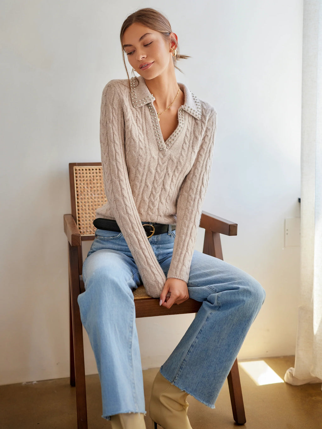  Estelle Cable Knit Sweater in Wheat 4F89022 Jilli Boutique Fifteen Twenty