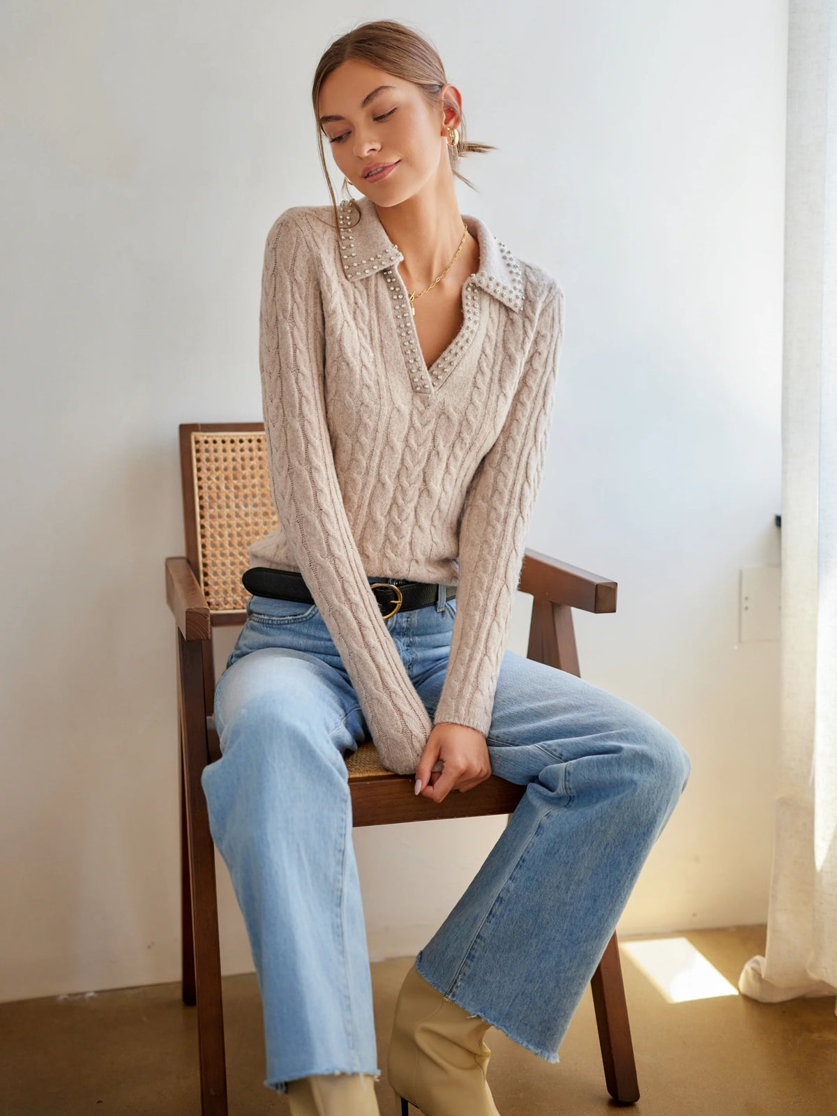  Estelle Cable Knit Sweater in Wheat 4F89022 Jilli Boutique Fifteen Twenty
