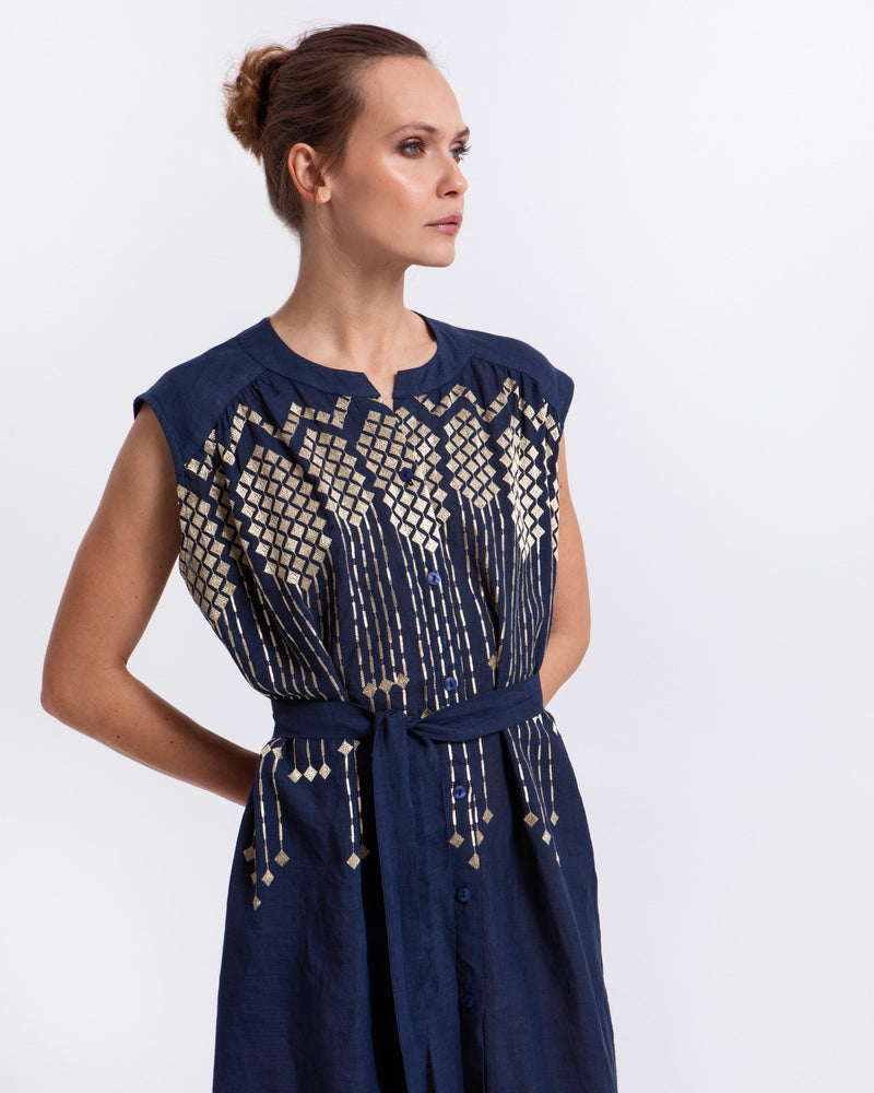 Navy and Gold Embroidered Midi Shirt Dress Jilli Boutique Greek Archaic Kori