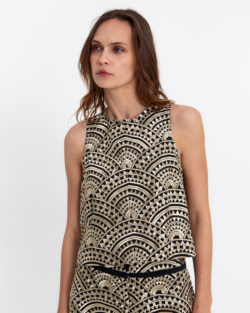 Black and Gold Embroidered Sleeveless Top