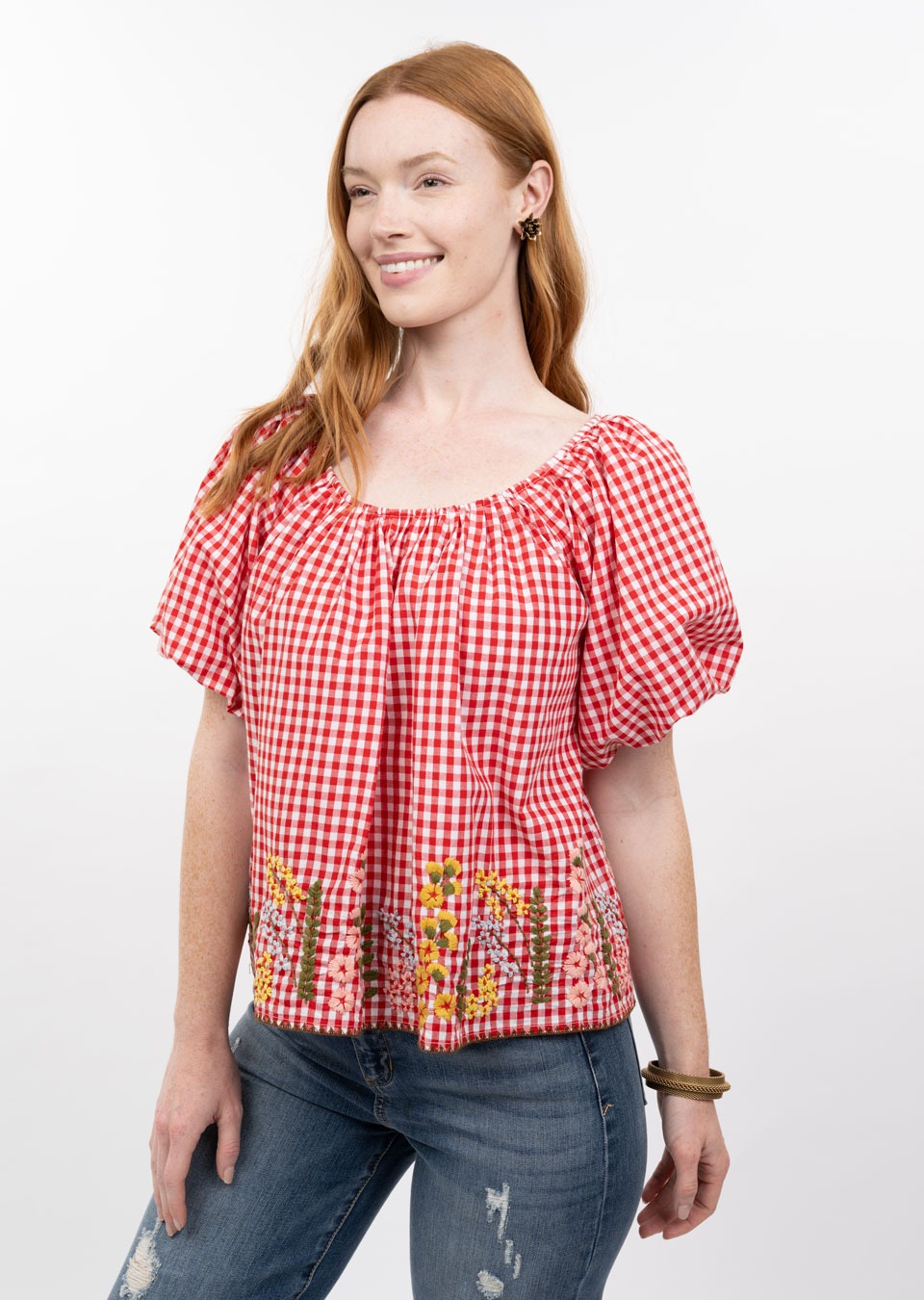 Ivy Jane Gingham and Flowers Top in 641504 Jilli Boutique Red 