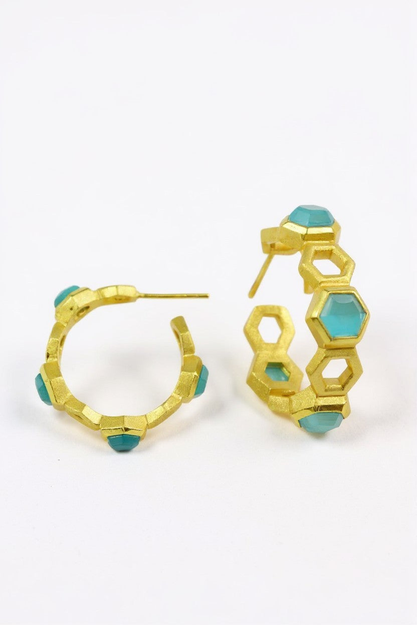Gold Hoops in Ice Blue