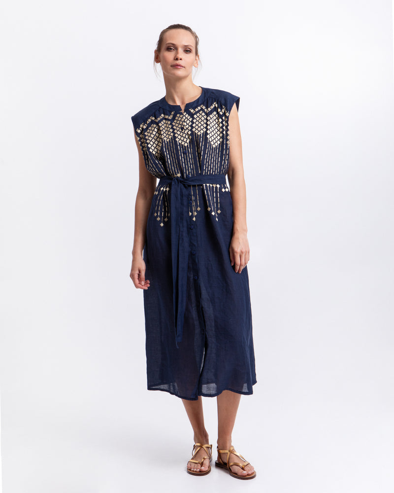 Navy and Gold Embroidered Grape Midi Shirt Dress Jilli Boutique Greek Archaic Kori