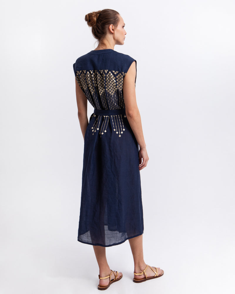 Navy and Gold Embroidered Grape Midi Shirt Dress