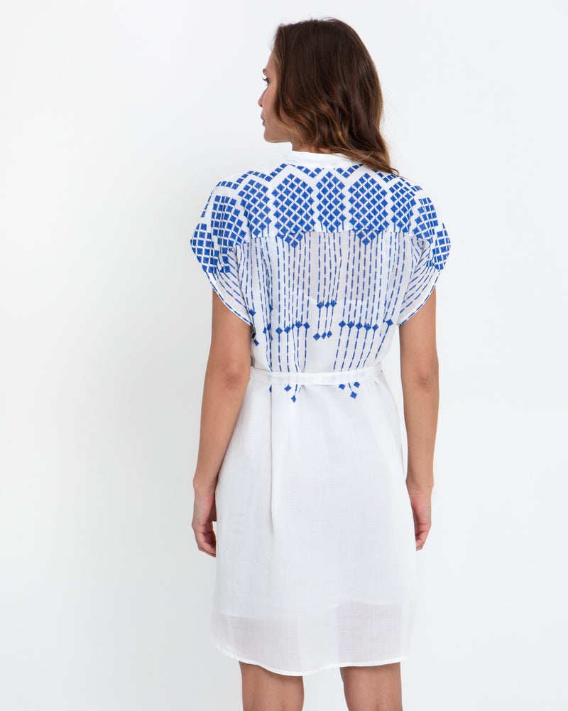 White and Blue Cotton Embroidered Dress Greek Archaic Kori Jilli Boutique Atlanta