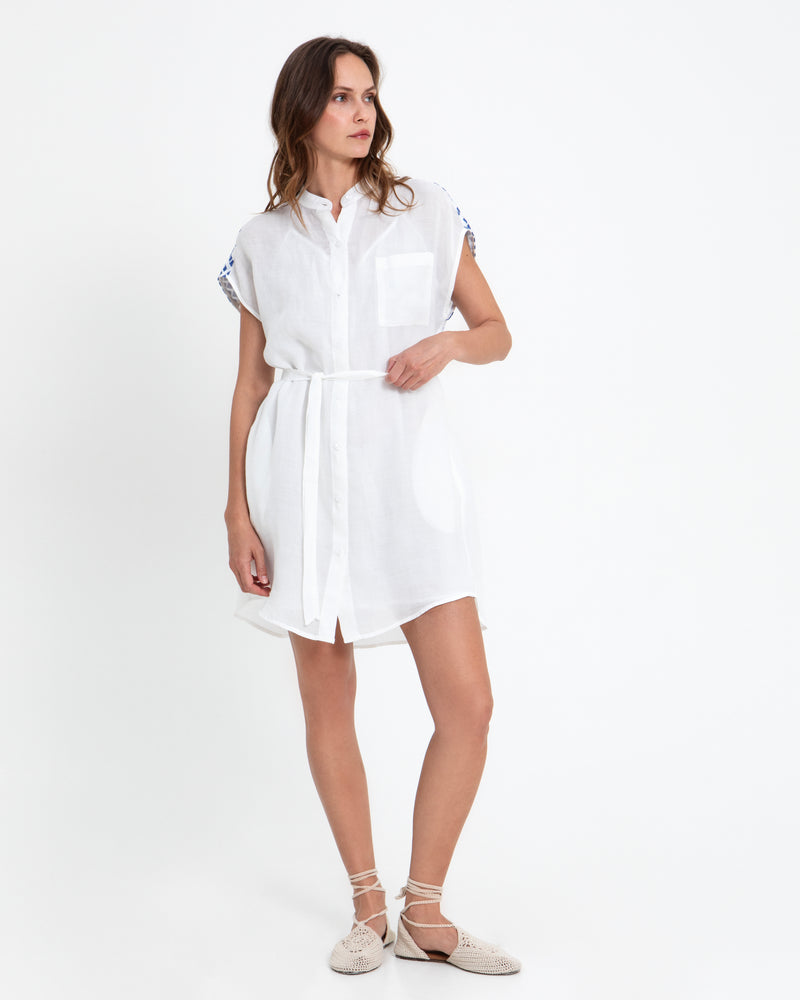 White and Blue Cotton Embroidered Dress Greek Archaic Kori Jilli Boutique