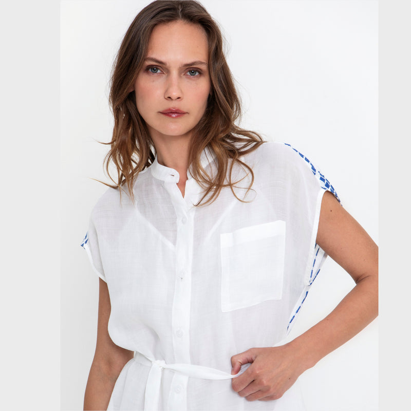White and Blue Cotton Embroidered Dress Greek Archaic Kori Jilli Boutique Buckhead