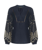 Greek  Archaic Kori Jilli Boutique black top Gold Embroidered Grape Blouse