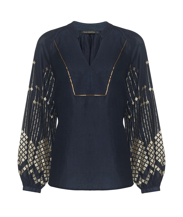 Greek  Archaic Kori Jilli Boutique black top Gold Embroidered Grape Blouse