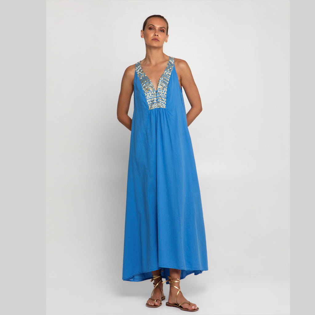 Greek Archaic Kori Jilli Boutique Blue Gold Embroidered Triangle Dress