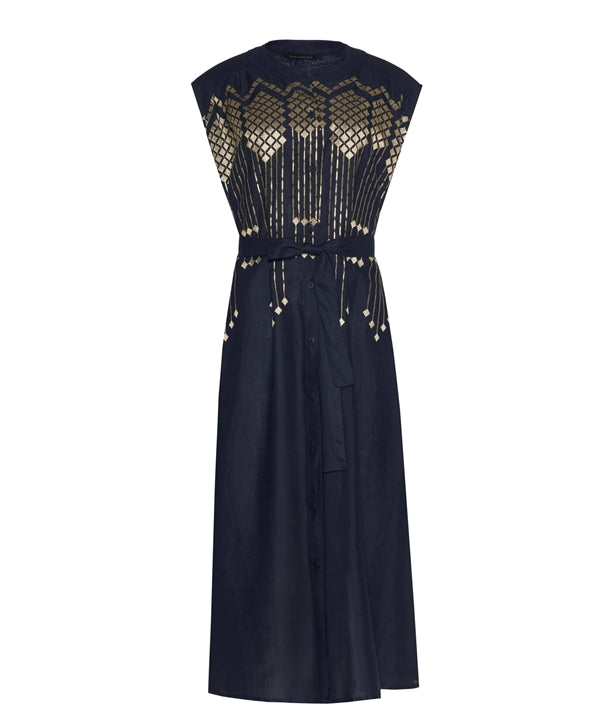 Navy and Gold Embroidered Midi Shirt Dress Jilli Boutique Greek Archaic Kori