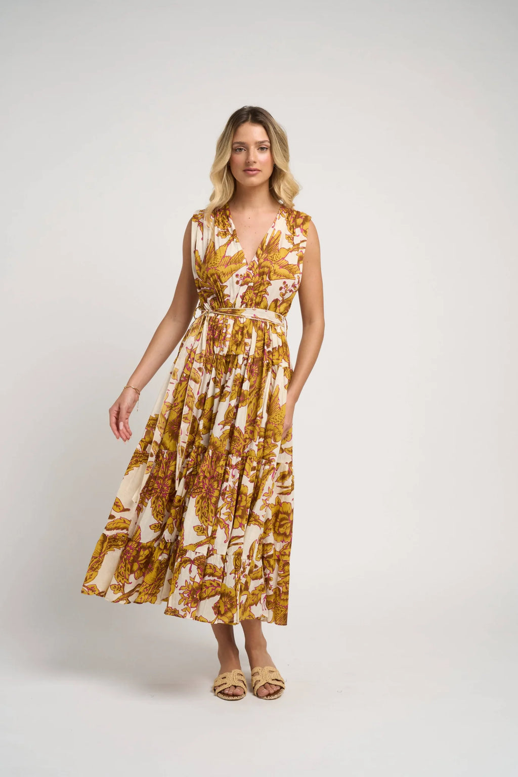 Emilia Dress Off Mustard Guadalupe Jilli Boutique Midi Dunwoody Georgia