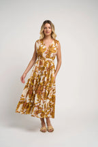 Emilia Dress Off Mustard Guadalupe Jilli Boutique Midi Dunwoody Georgia