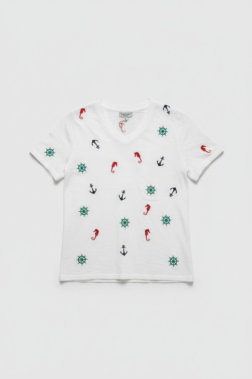 Short Sleeve Cotton V-Neck Shirt Nautical Motifs