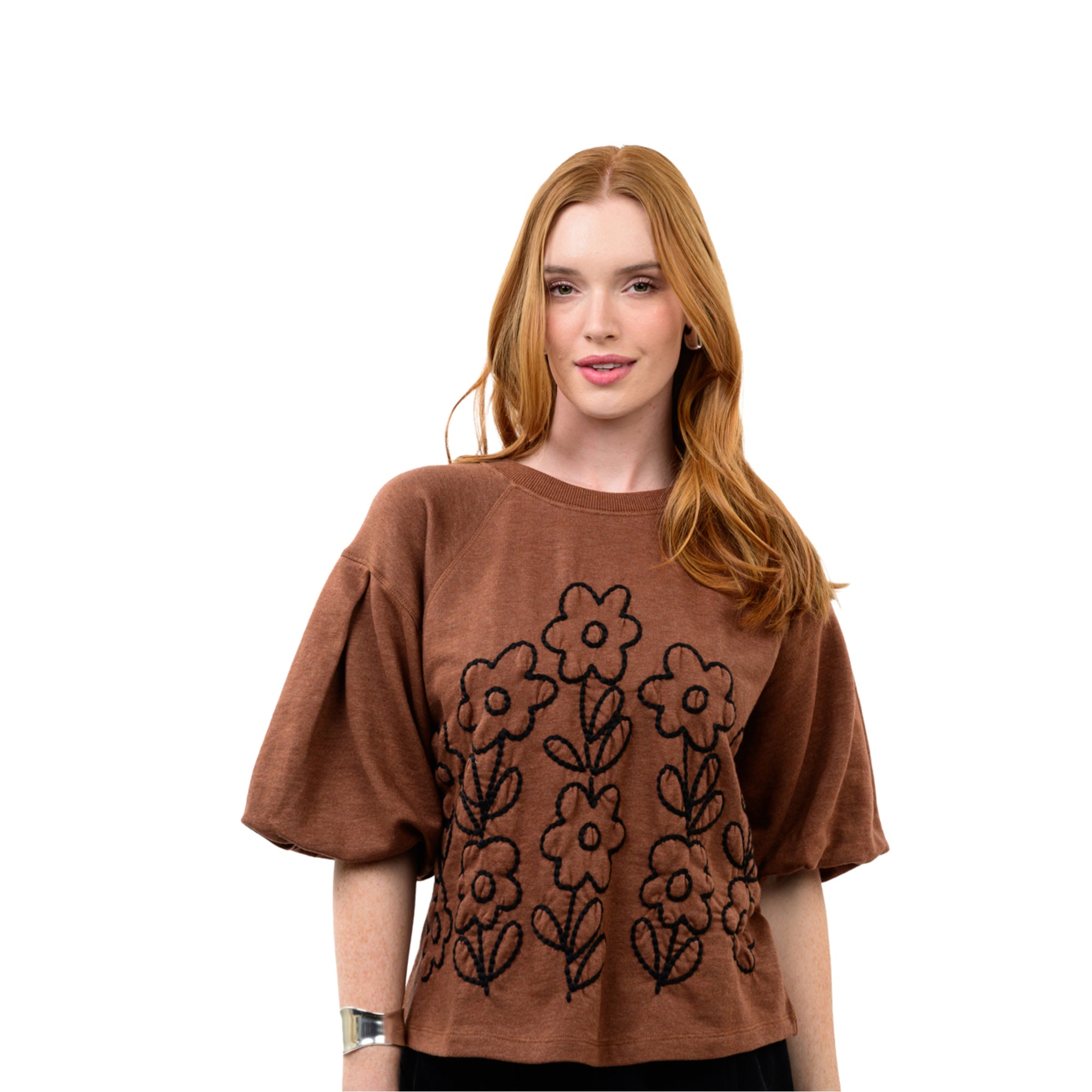 French Terry Crewneck with floral embroidery Chocolate  Ivy Jane 921014