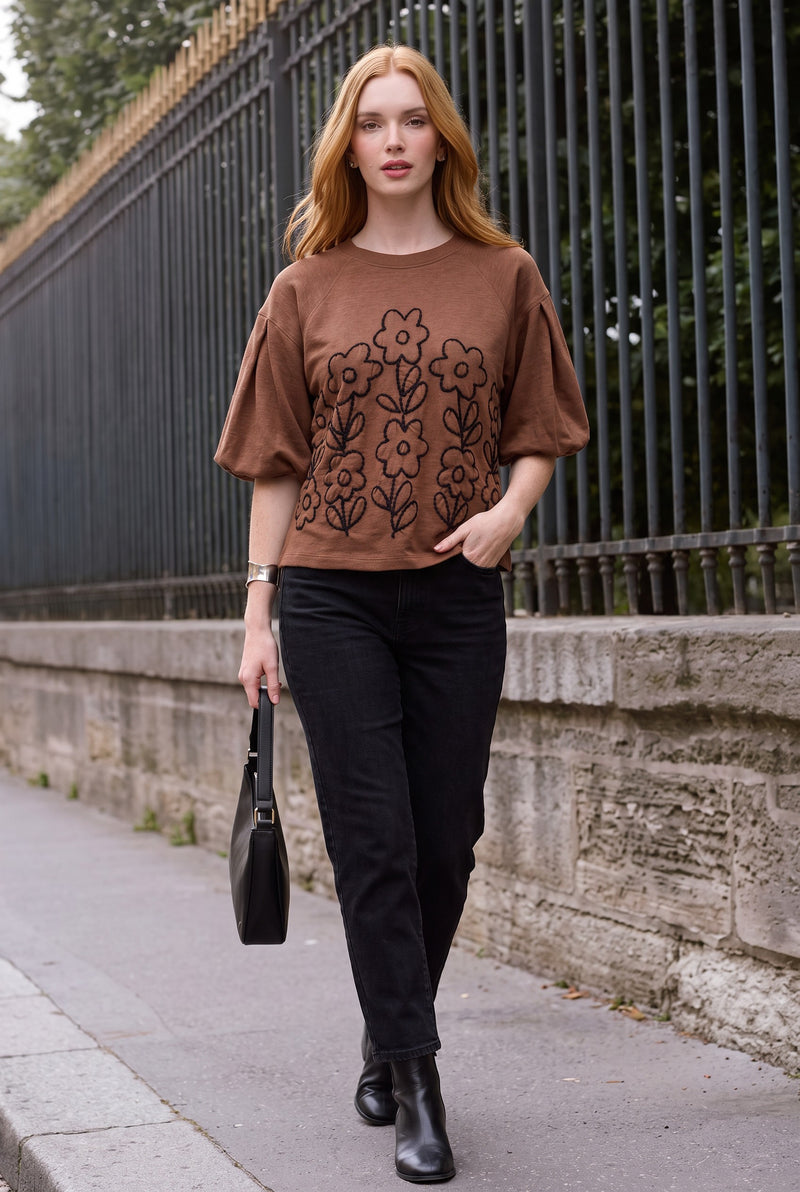 French Terry Crewneck w/ Floral Embroidery in Chocolate