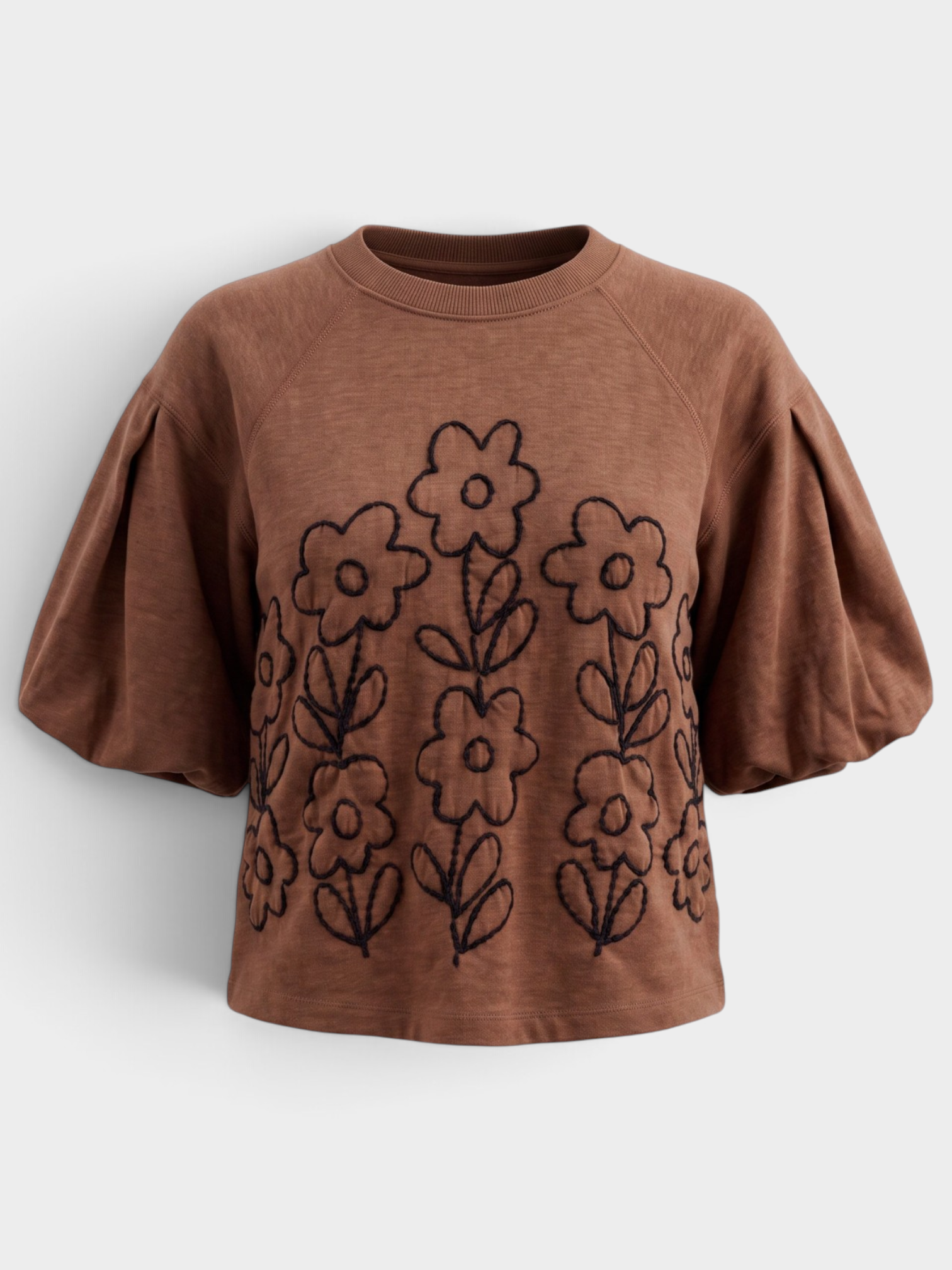French Terry Crewneck w/ Floral Embroidery in Chocolate