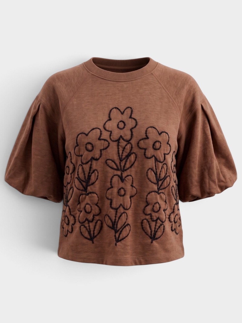 French Terry Crewneck w/ Floral Embroidery in Chocolate