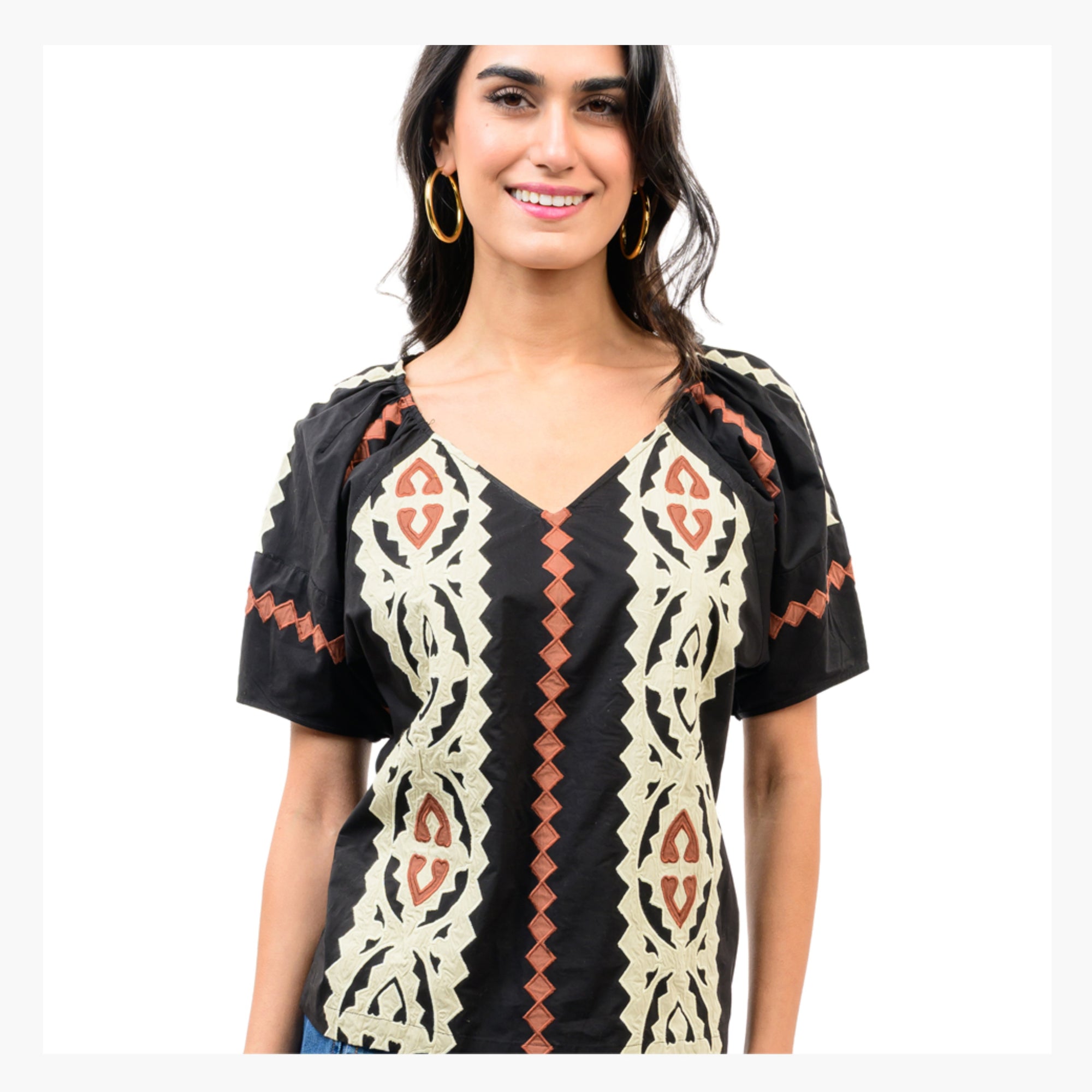 Applique V-Neck Top in Black