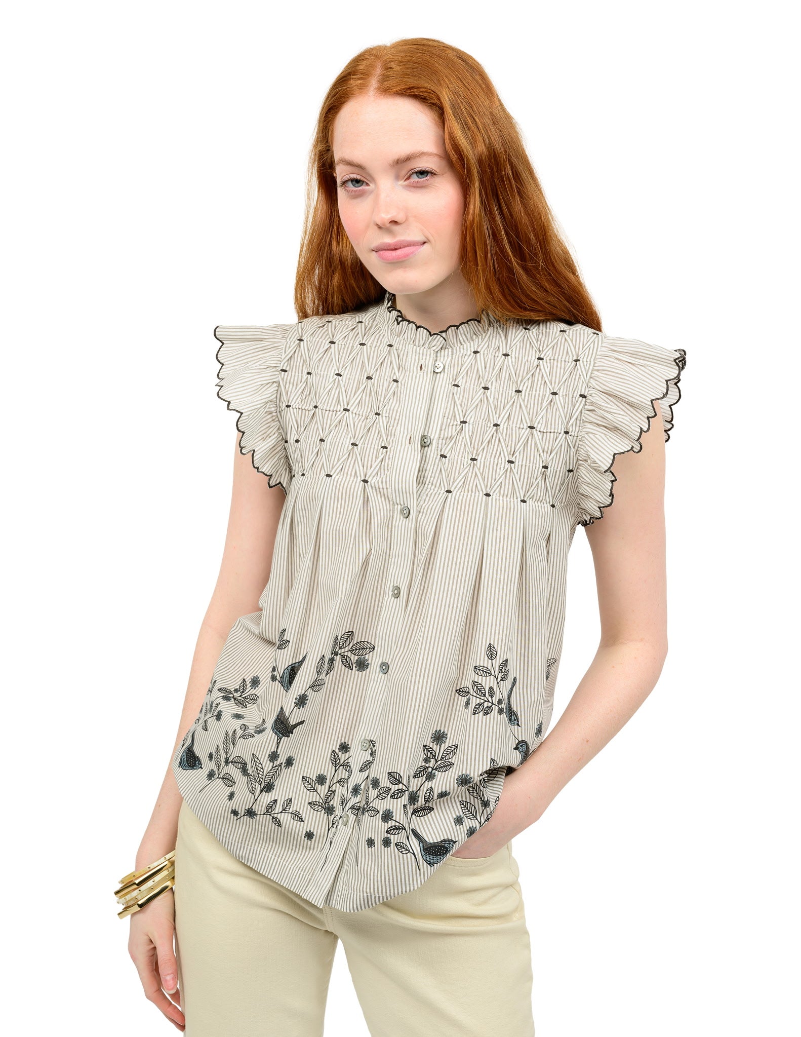 Ivy Jane Bird Border Top in Khaki Style 641479 Jilli Boutique