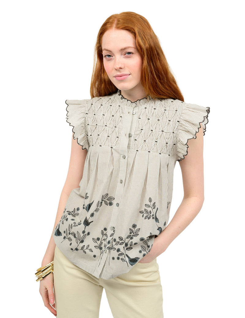 Ivy Jane Bird Border Top in Khaki 641479 Jilli Boutique
