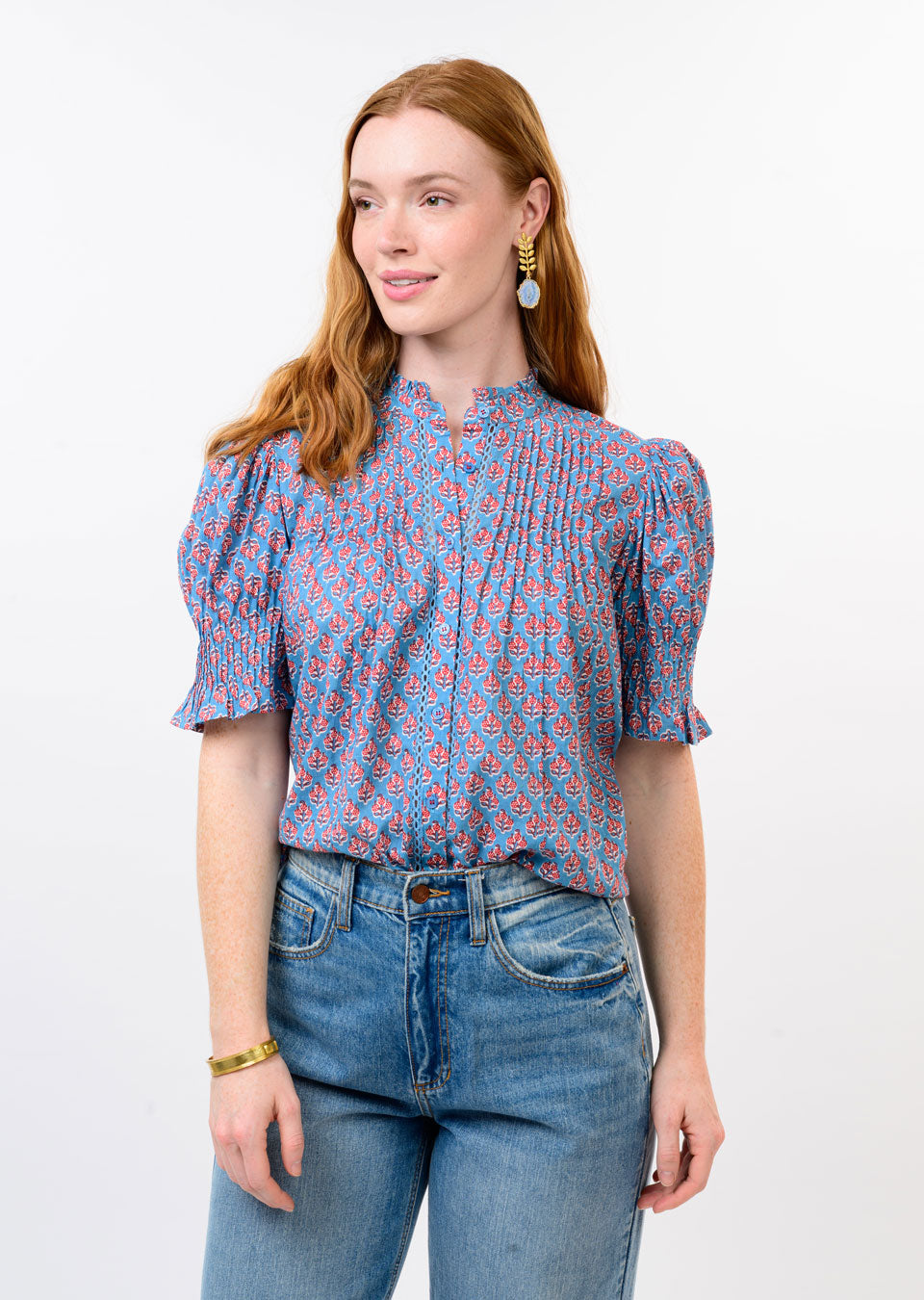 Block Floral Tuck Blouse