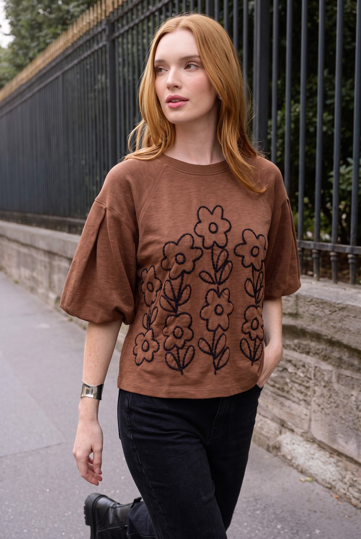 French Terry Crewneck w/ Floral Embroidery in Chocolate