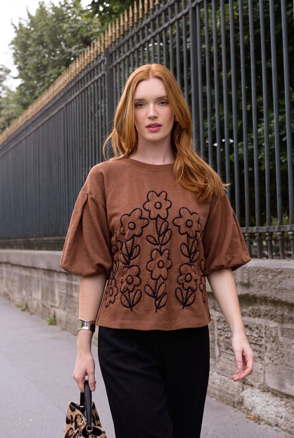 French Terry Crewneck w/ Floral Embroidery in Chocolate