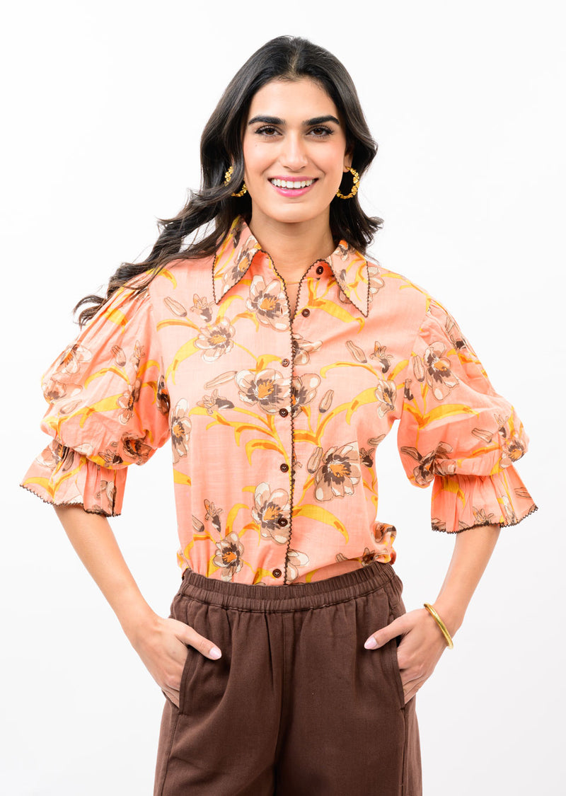 Pointed Collar Poof Sleeve Shirt