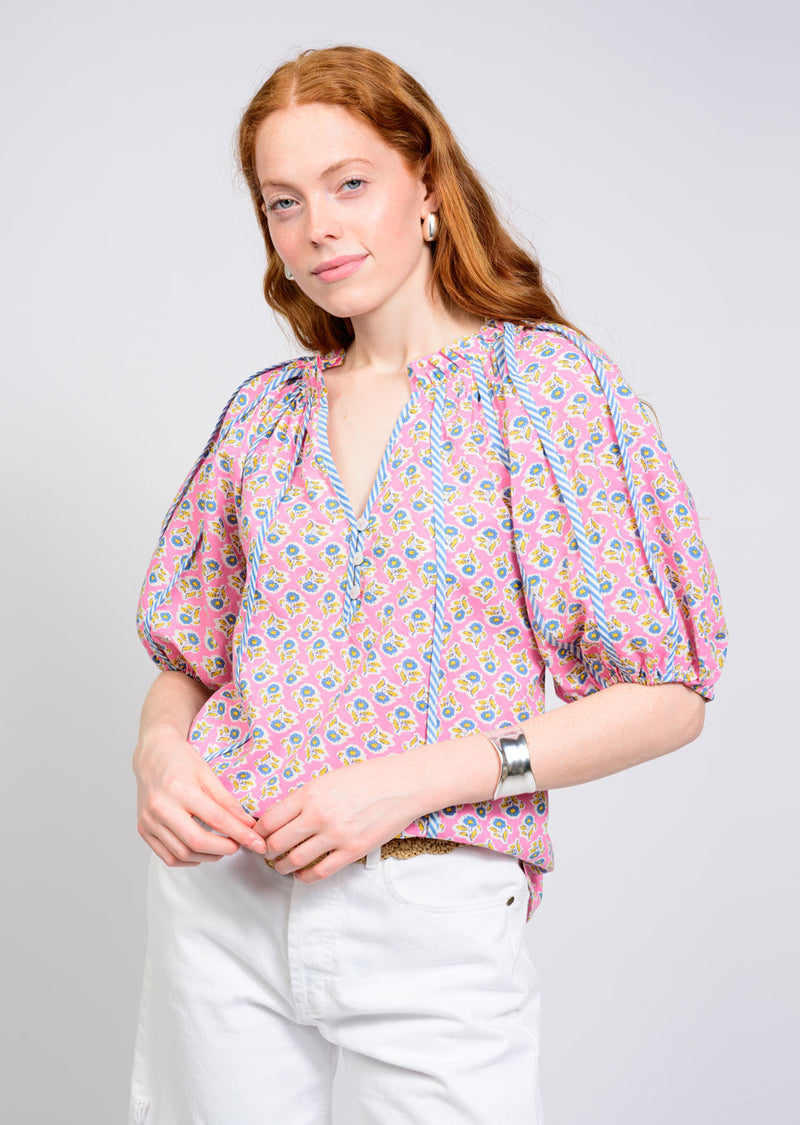 Striped Trim Floral Top Pink Jilli Boutique Style 650457