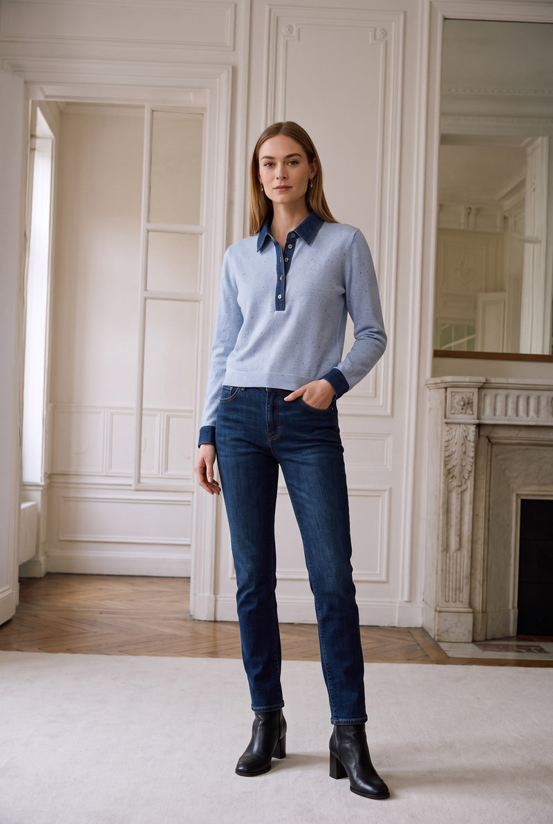 Denim Collar Polo in Blue