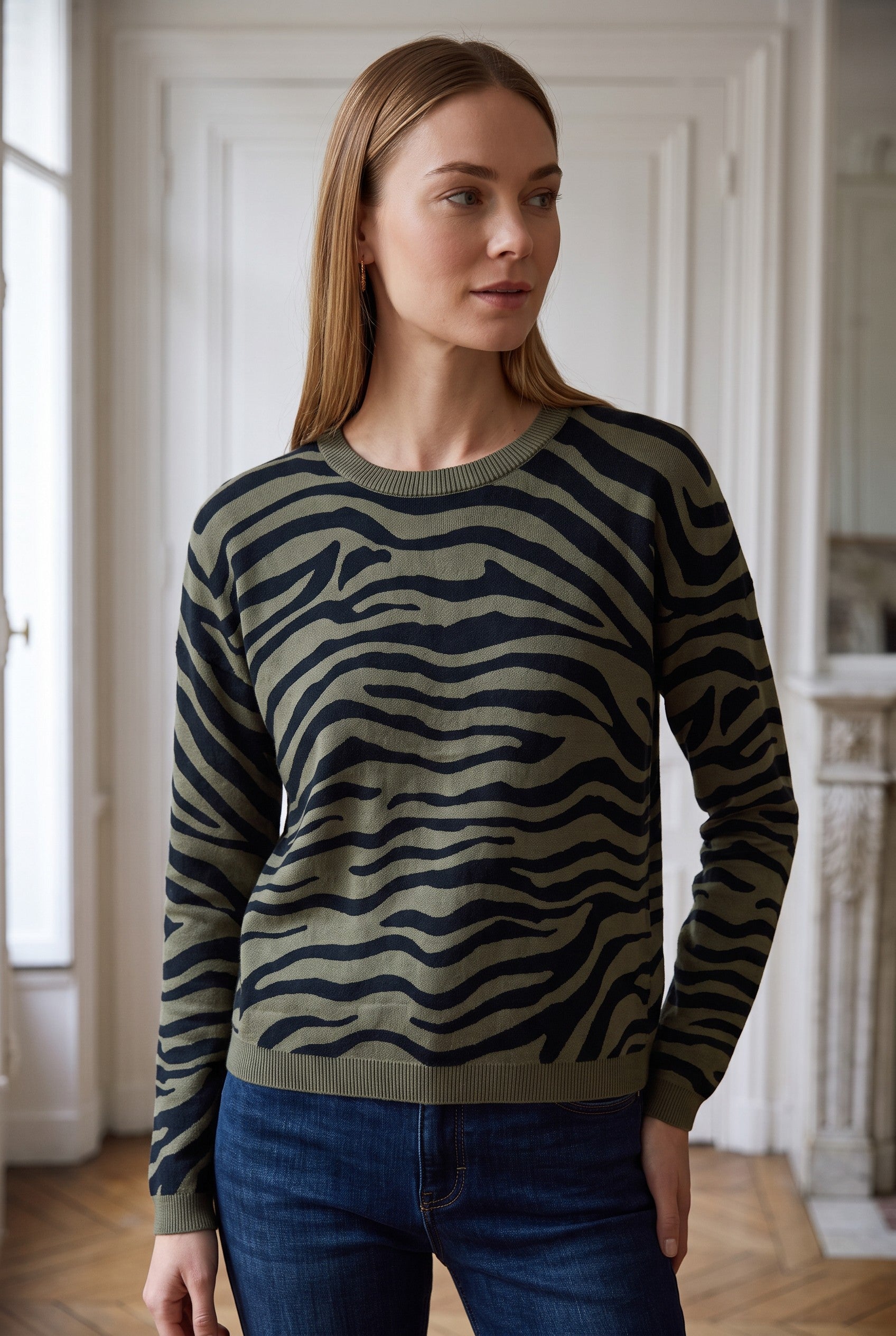 Zebra Print Crew Sweater in Moss