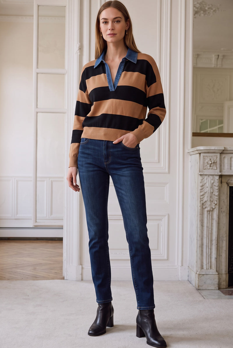 Denim Collar Polo in Camel and Black