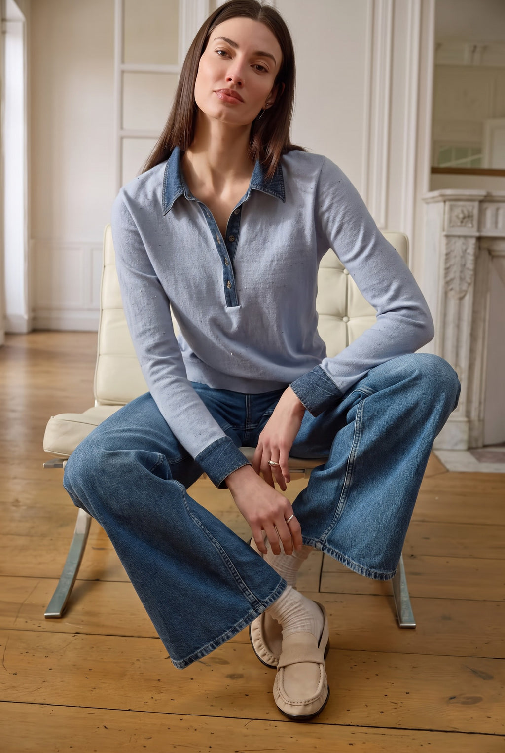 J. Society Long Sleeve Denim Collar Polo 24083 Jilli Boutique