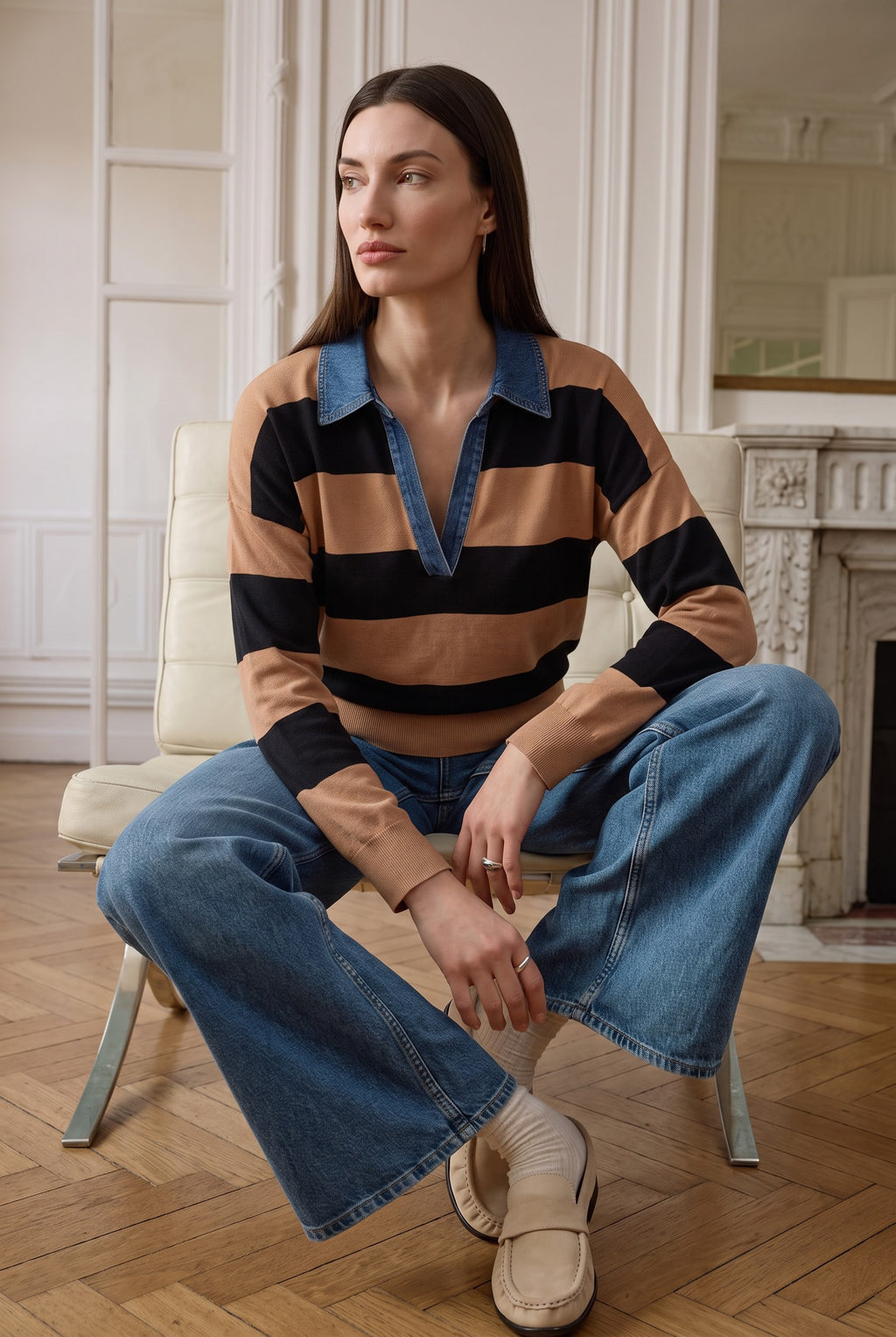 Denim Collar Polo in Camel and Black