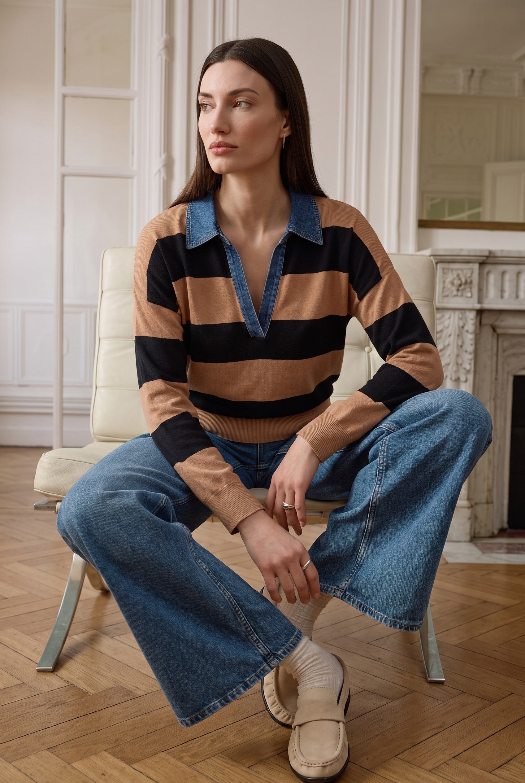 Denim Collar Polo in Camel and Black