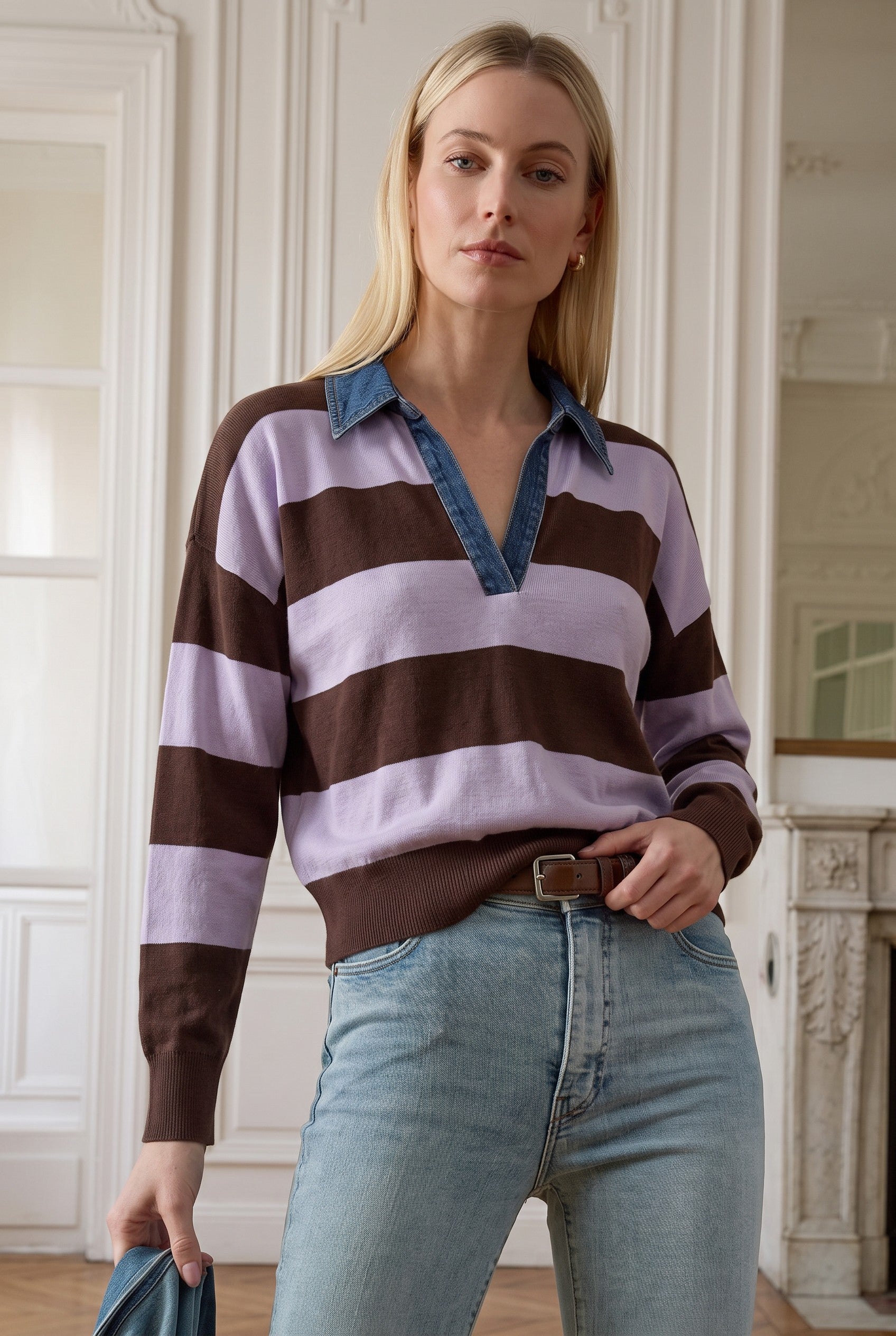 Denim Collar Polo in Coffee Bean Lilac