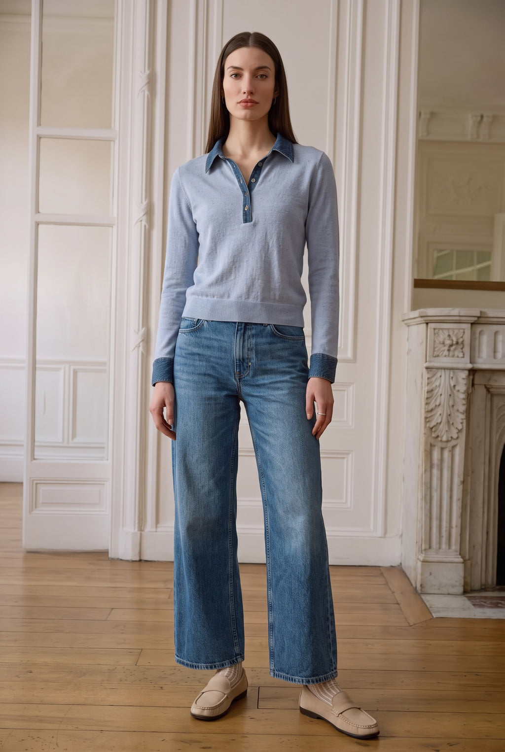 J. Society Long Sleeve Denim Collar Polo 24083 Jilli Boutique Atlanta 